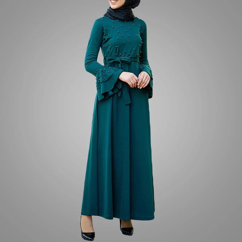 Turkish Style Muslim Long Dress With Dye Pearls Full Length Bell Sleeves Islamic Abaya