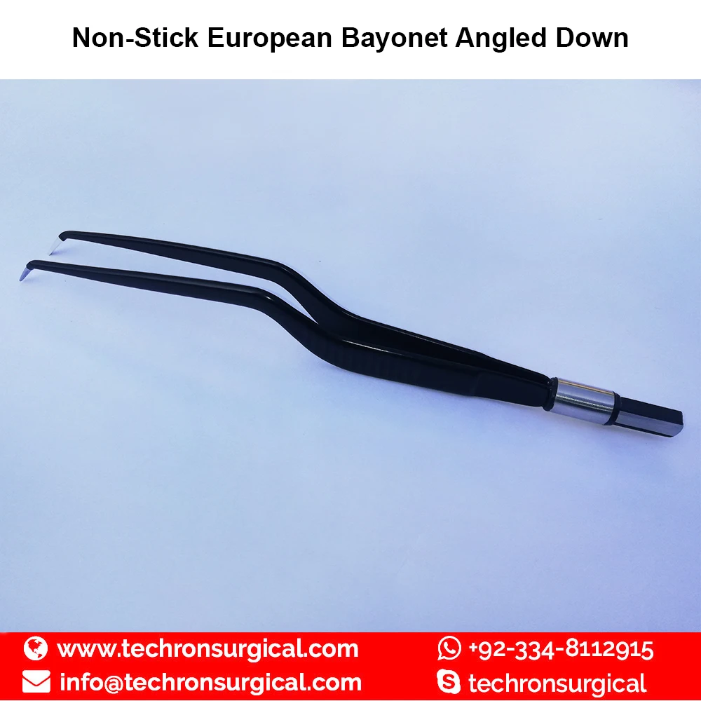 Non-Stick Electrosurgical European Bayonet Angled Up Bipolar Forceps