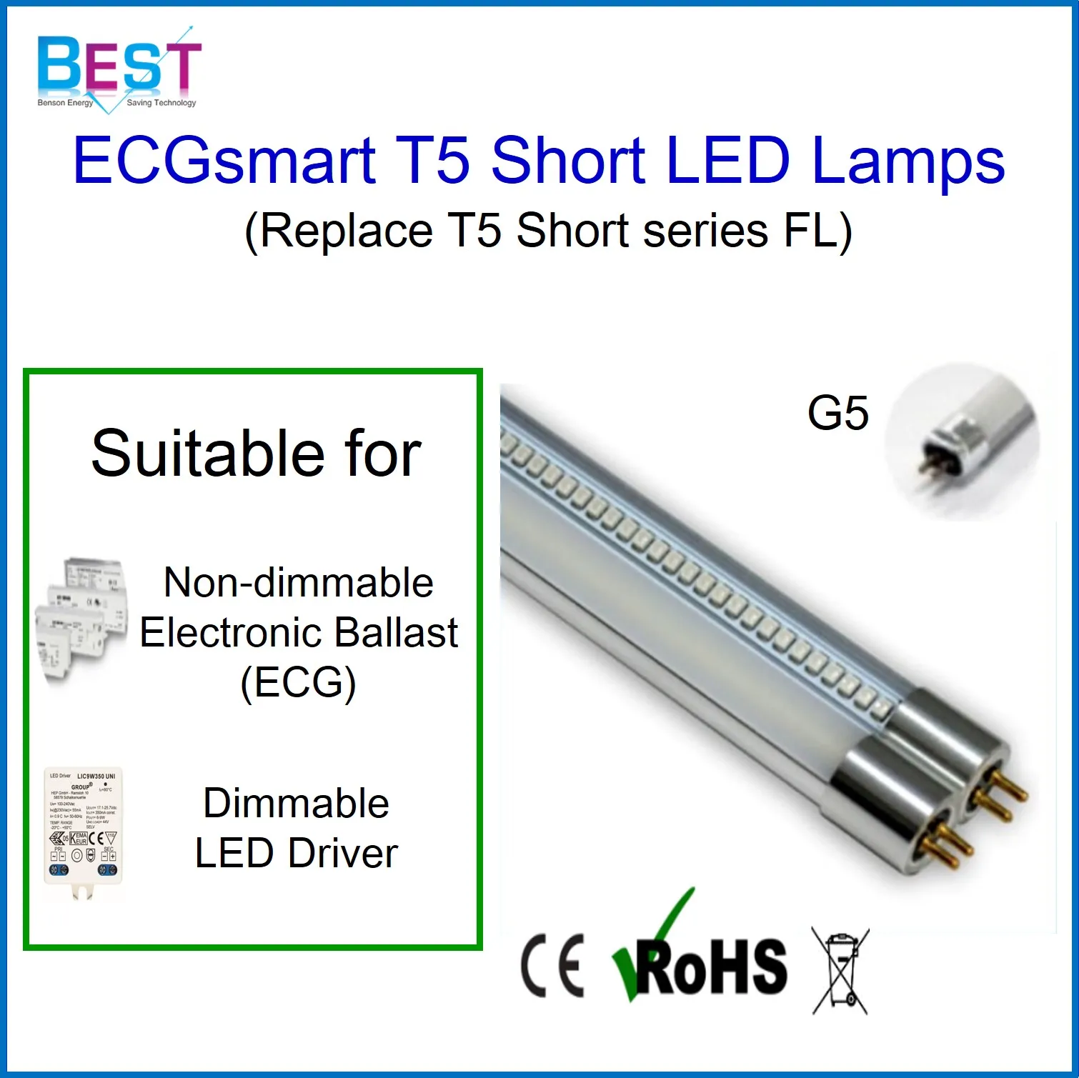 T5 8W 288mm 300mm fluorescent  tube ; T5 short 288mm LED tube  direct replacement