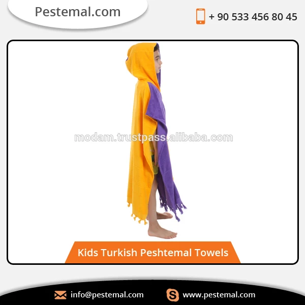 Cute Design High-Quality Turkish Luxury Bathrobe Poncho for Kids with Tassels Two-Colored Poncho with Pocket for Children %100 C