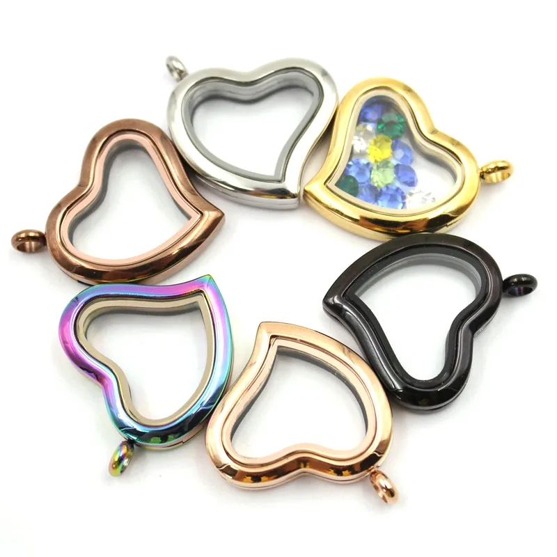 DIY stainless steel memory glass floating heart locket pendant with clear glass locket