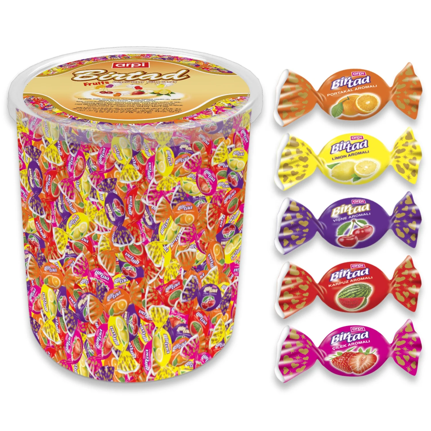 
Birtad Soft (Chew) Candy Filled with Fruit Flavor Syrup 1 KG Transparent Plastic PVC Jar 