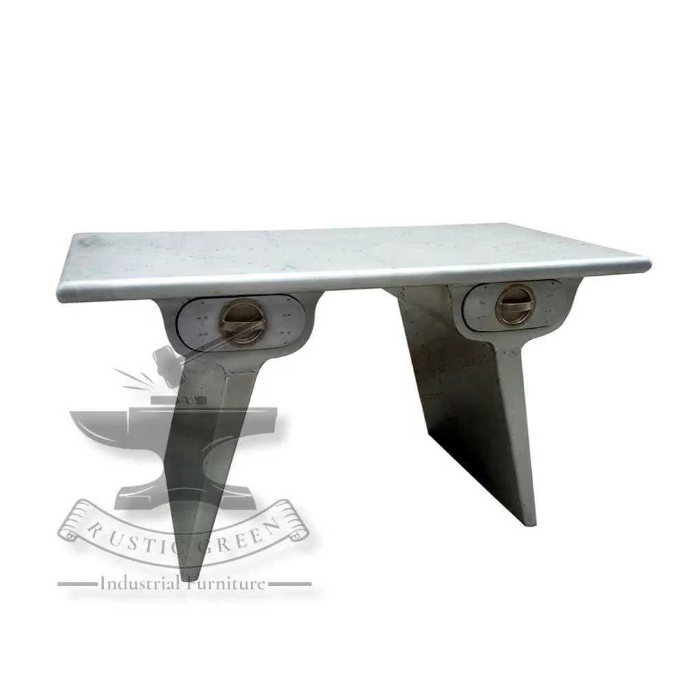 Modern Antique Aviator Wing Desk with Two Drawers for Home Office Living Room or Apartment Durable Aluminium Furniture