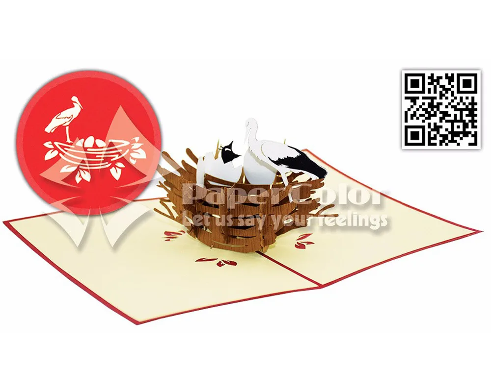 
The Stork & the Nest unique 3D Pop up greeting card Customizable handmade Vietnam 