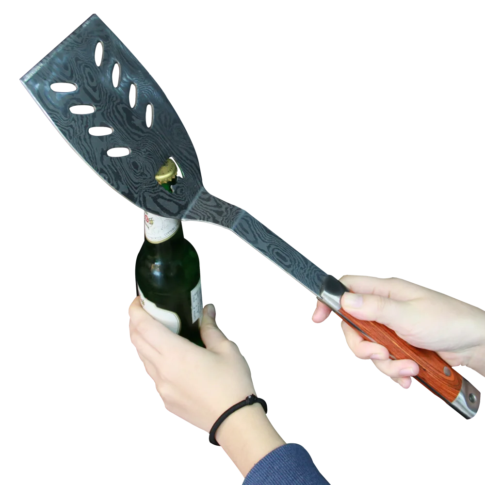 Outdoor Camping 3 Piece BBQ Grilling Tools Set with Damascus Pattern Stainless Steel pattern Spatula Tongs Fork pakka wood