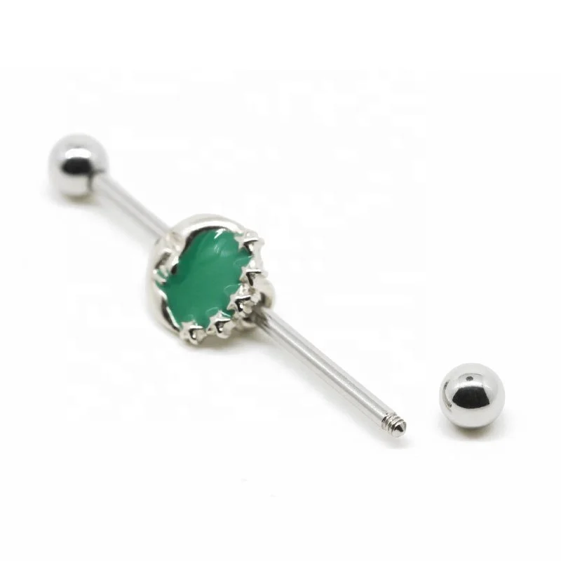 14G Green Enamel Zircon Silver Bar Ear Industrial Piercing Jewelry Industrial Barbell Earrings