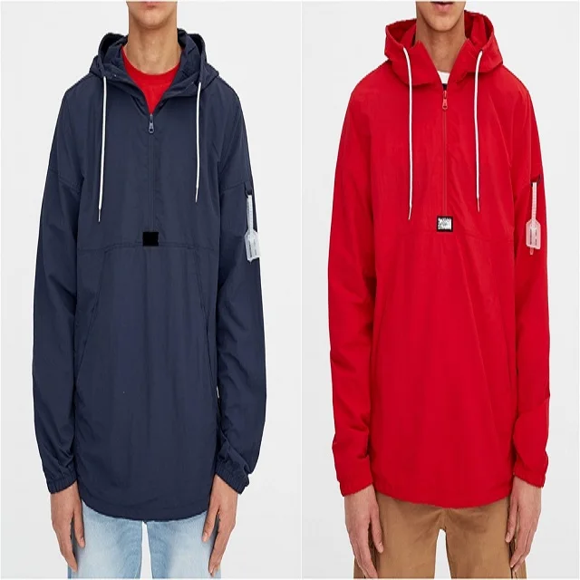 
Wholesale Zip Up Men Water Resistant Pullover Windbreaker / Nylon Polyester Flap-Covered Kangaroo Pocket 