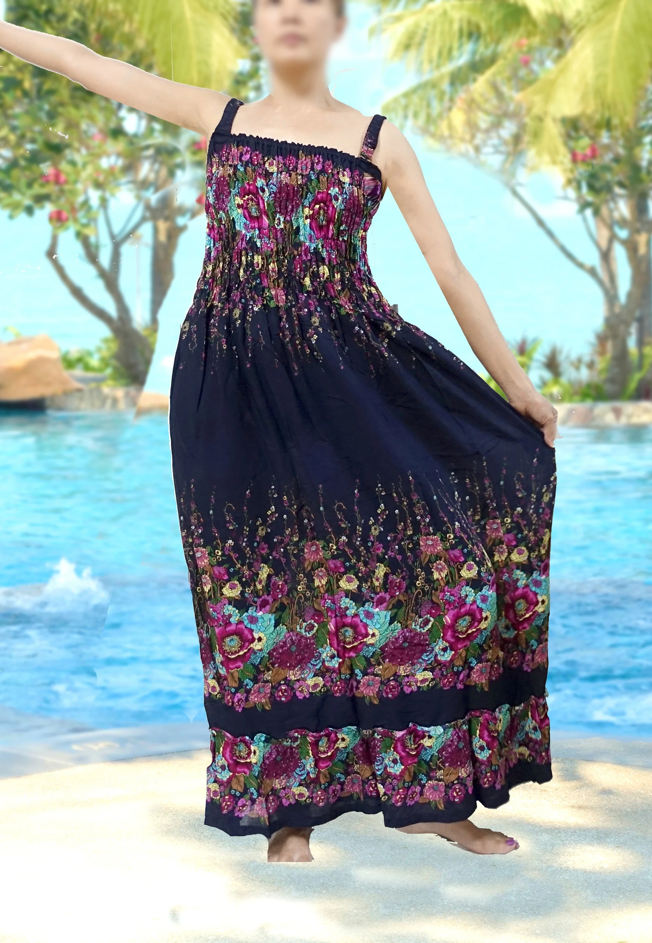 vintage retro thai HIPPIE BOHO HAWAII floral  MAXI BABY DOLL beach LONG DRESS long ruffle style