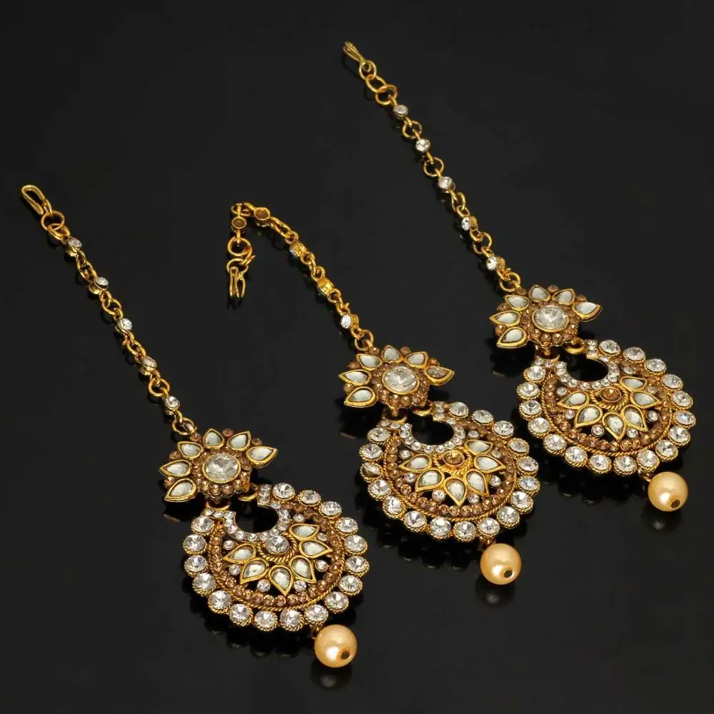 Gold & White Color Rhinestone & Imitation Pearl 3 Pieces Combo Of Maang Tikka