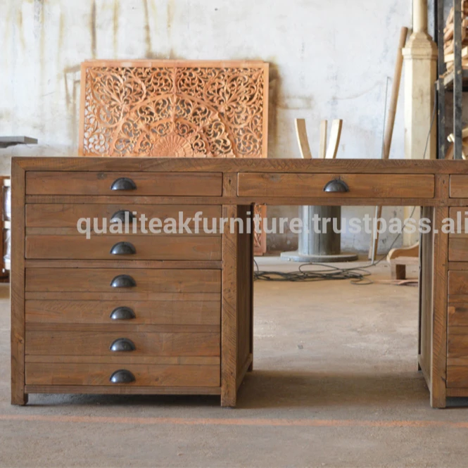 Reclaimed teak solid wood office writing desk with drawers