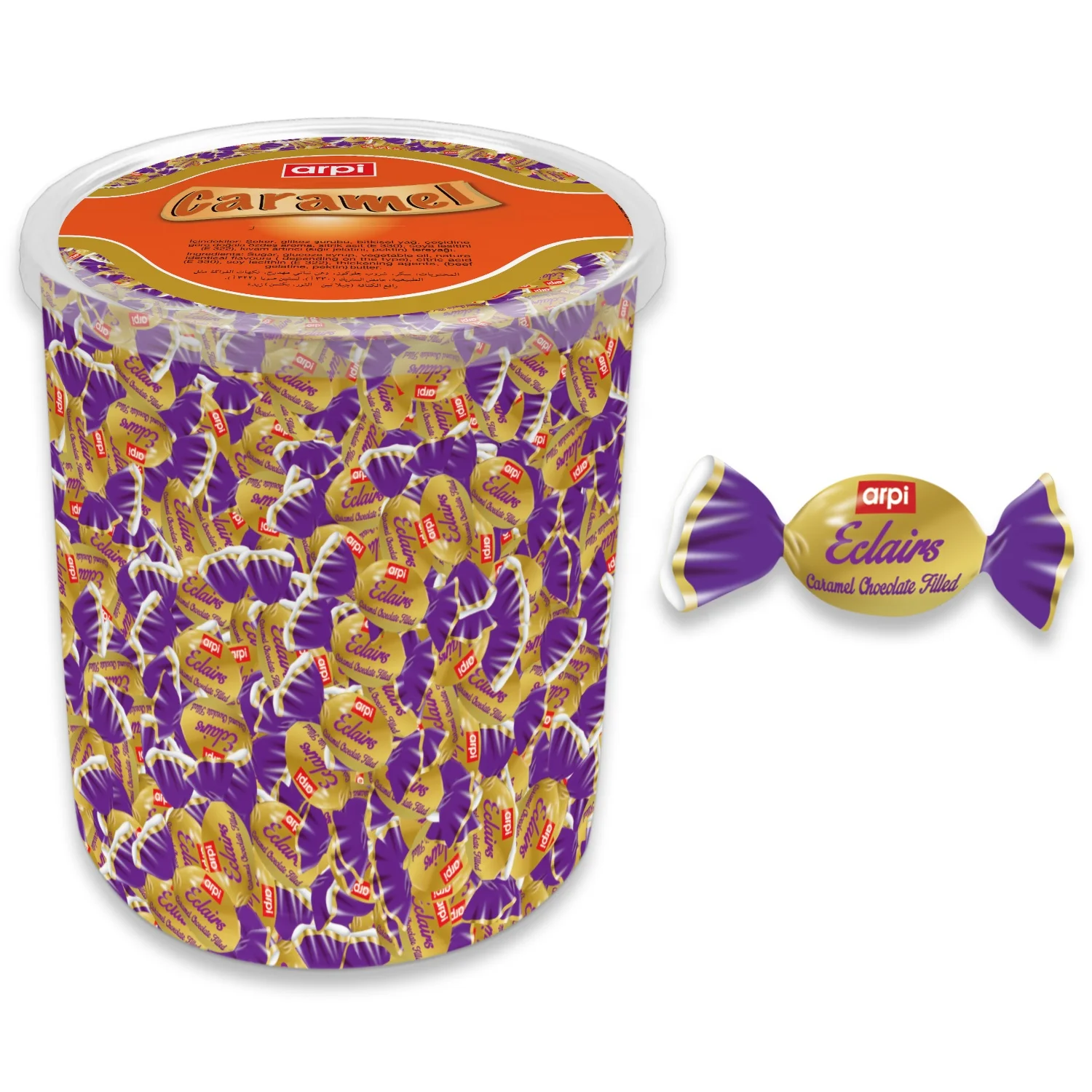 Eclairs Chocolate: Caramel Soft (Chew) Candy Filled with Chocolate 1 KG Transparent Plastic PVC Jar
