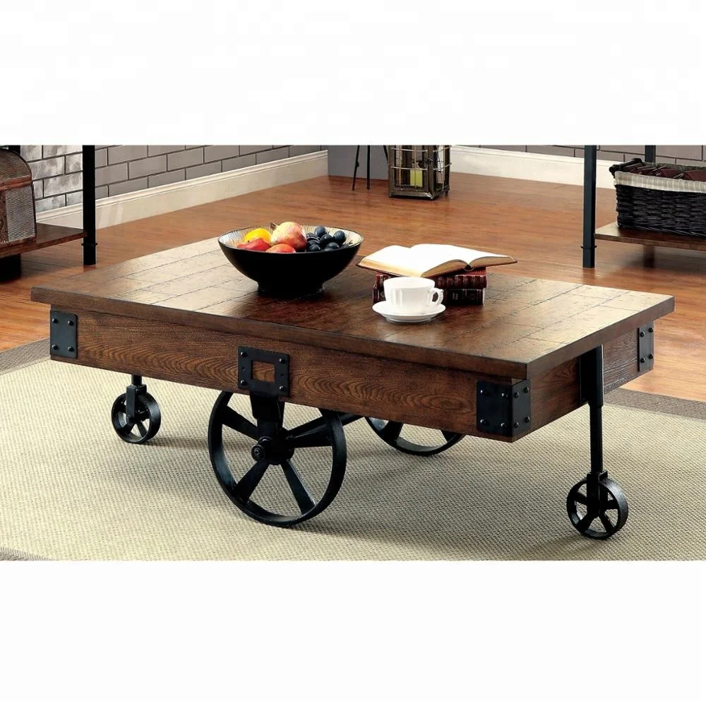 America Carpenter Rustic Weathered mango wood Caster Wheel Coffee Table