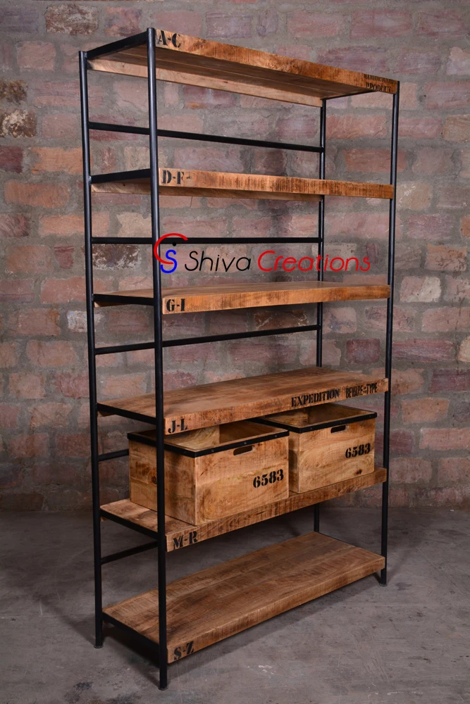 Rustic Metal Wood Bookshelf Antiqued Vintage Industrial Shelves Storage Bookcase