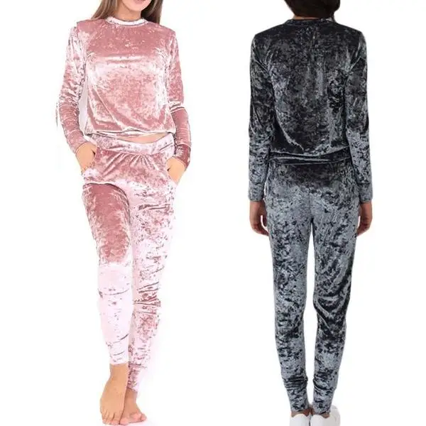 Latest Women 2 Pieces Set Plain Navy Crushed Velvet Lounge Tracksuit/High quality women suit