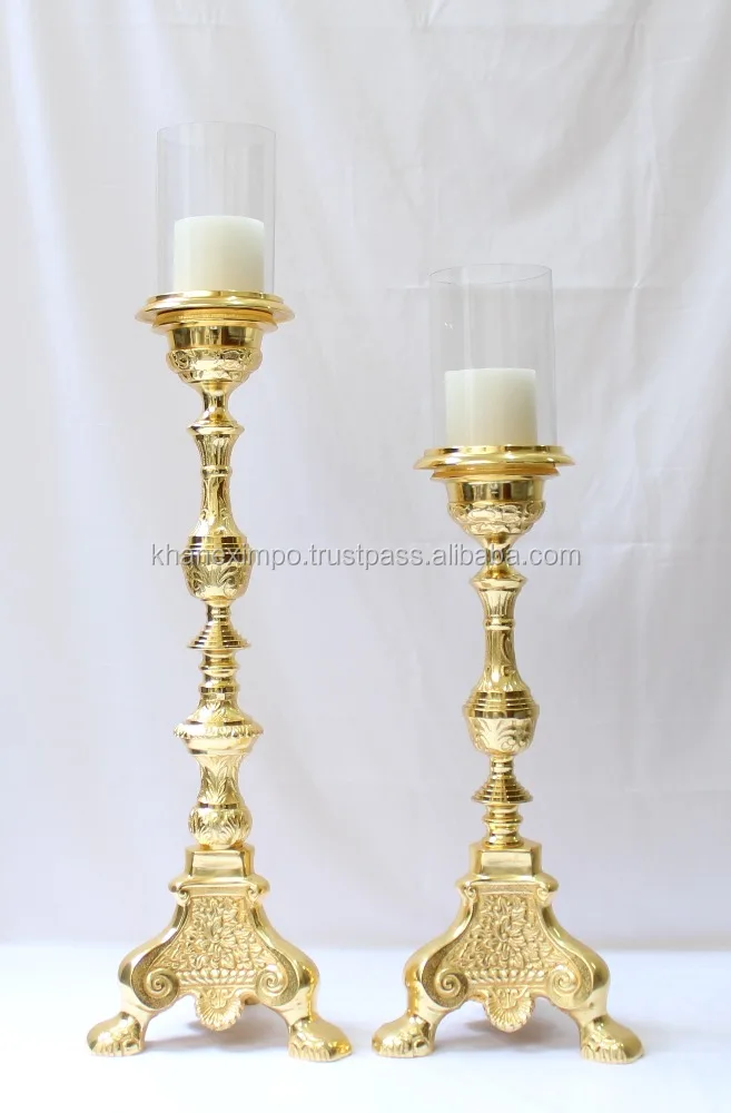 Centerpiece Candle Holder Funnel Tripod Candelabra, Set of 2, Wedding/home Decoration with Glass Beautiful Baroque Emboss Golden