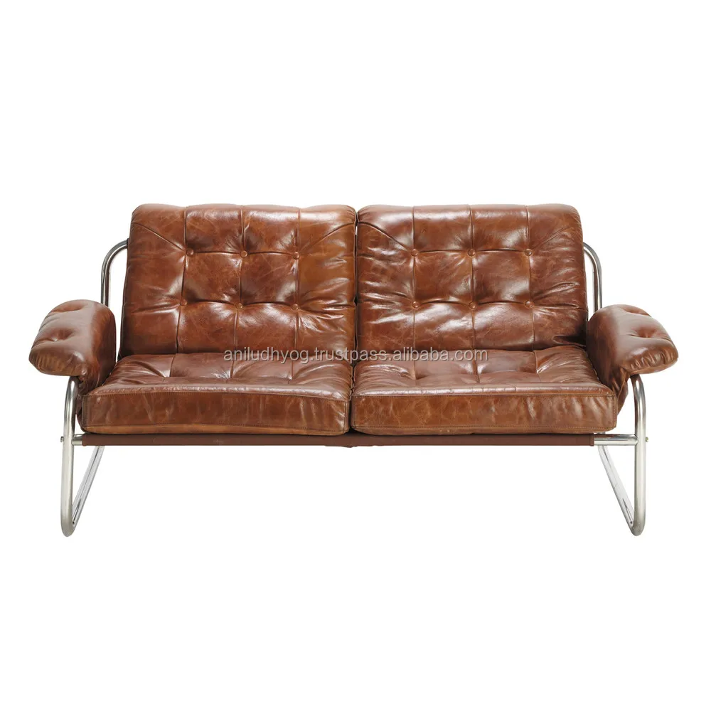 Industrial style two seater brown leather sofa/Metal base vintage finish tufted leather sofa