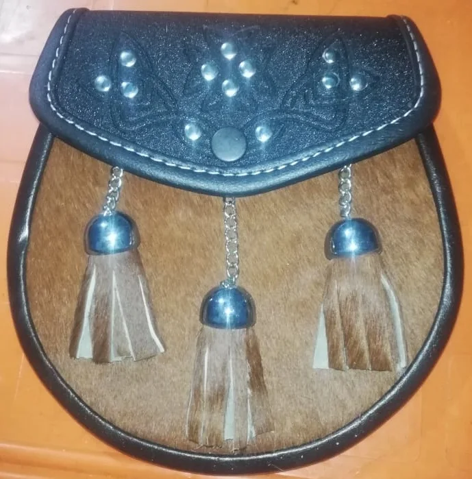 Leather Scottish Thistle Brown Rabbit Fur Sporran Stone Fur Bag