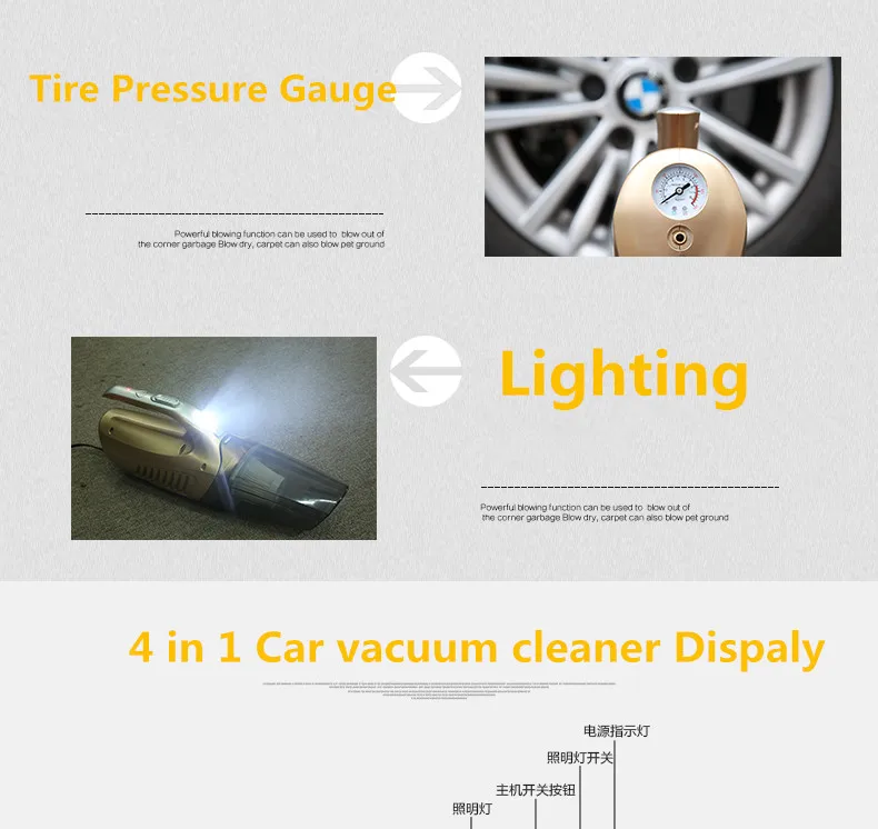 
CARAYMIN Car Vacuum Cleaner 4 in 1 Multifunctional High Power 12V 120W Air Compressor Tire inflator Handheld Car Vacuum Cleaner 