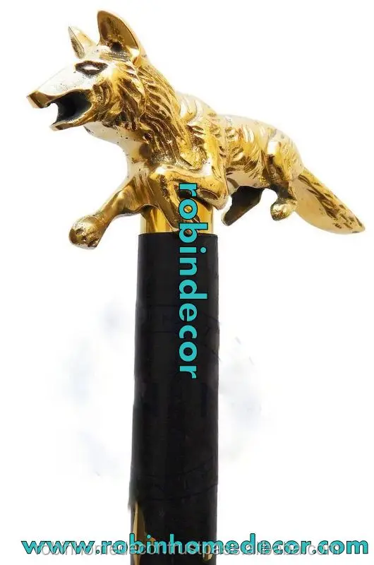 Antique Cast Brass FOX Head Handle Vintage Designer Wooden Walking Cane/Stick