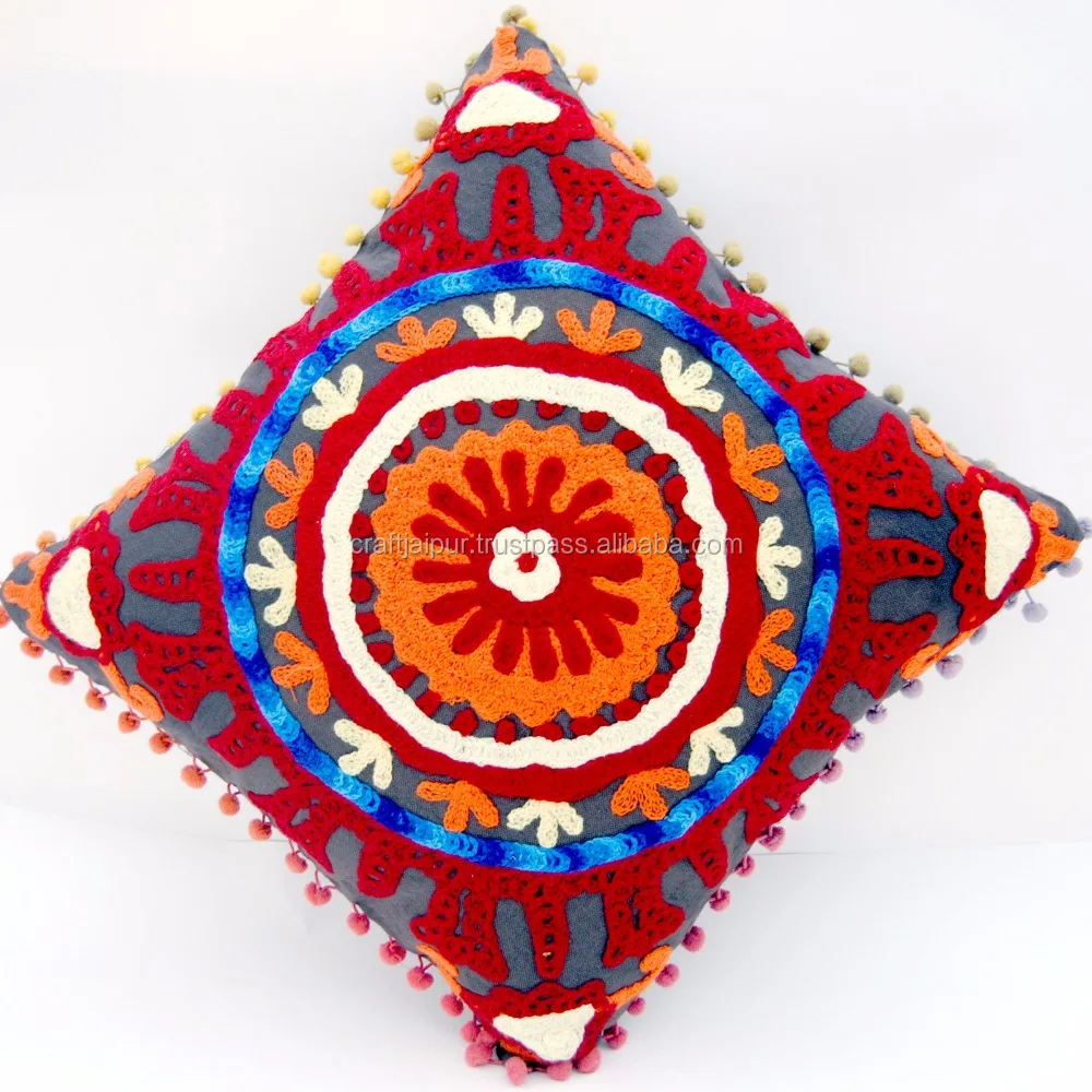 Beautiful Indian Suzani Embroidery Cotton Cushion Cover Decorative Home For Sofa Gray Handmade Throw Pillow Cases Wholesale