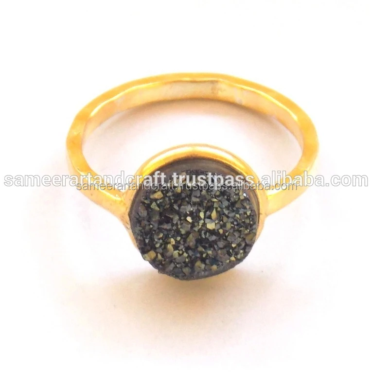 Handmade Gold Plated Natural Gemstone Jewelry Sterling Silver Black Druzy Birthstone Boho Rings For Men Or Women