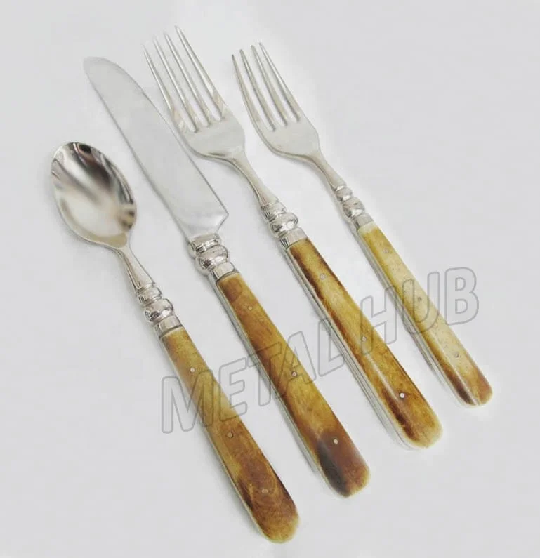 Shiny Silver Flatware Set With Brass Bone Inlay Handle, Wedding & Parties Cutlery Set