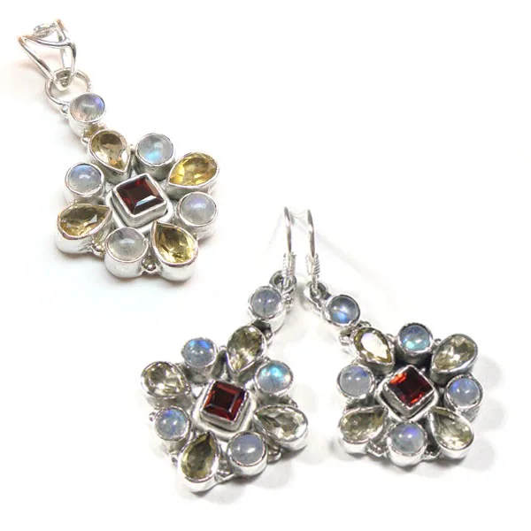 Best selling 925 sterling silver jewelry sets pendant earrings blue topaz rainbow moonstone wholesale Indian Jaipur jewelry