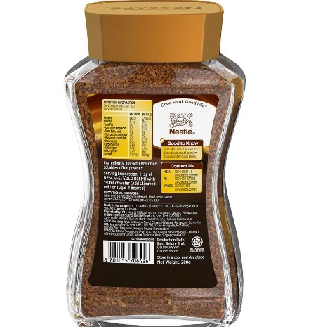 Wholesale 200gm Nestle Nescafe Gold Coffee Powder Arabica and Robusta in Glass Jar Packaging Malaysia