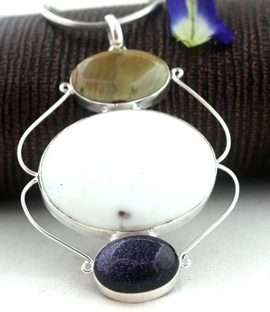 92.5 Sterling Silver Natural Agate Blue Sun Stone Smooth Oval Shape Gemstone Charm Pendant With Snake Chain
