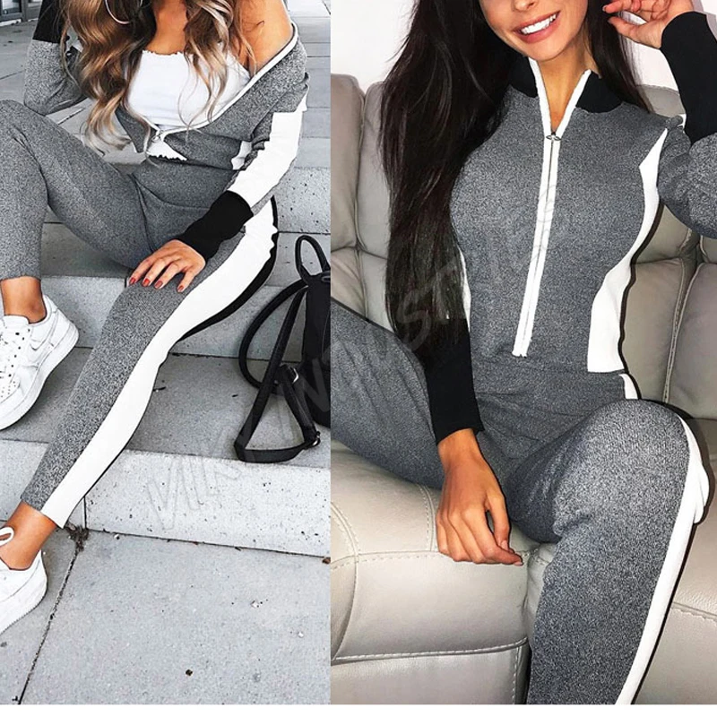 Casual Women Tracksuit 2Pcs Ladies Long Sleeves Crop Top Zipper Sweatshirt Coat Pants Set Lounge Wear Casual Suit