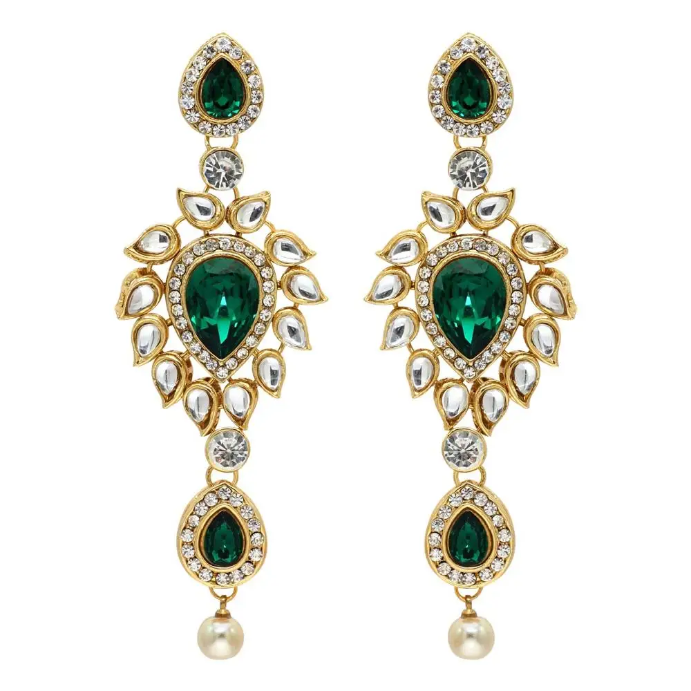 Green Color Kundan Earrings For Girls & Women