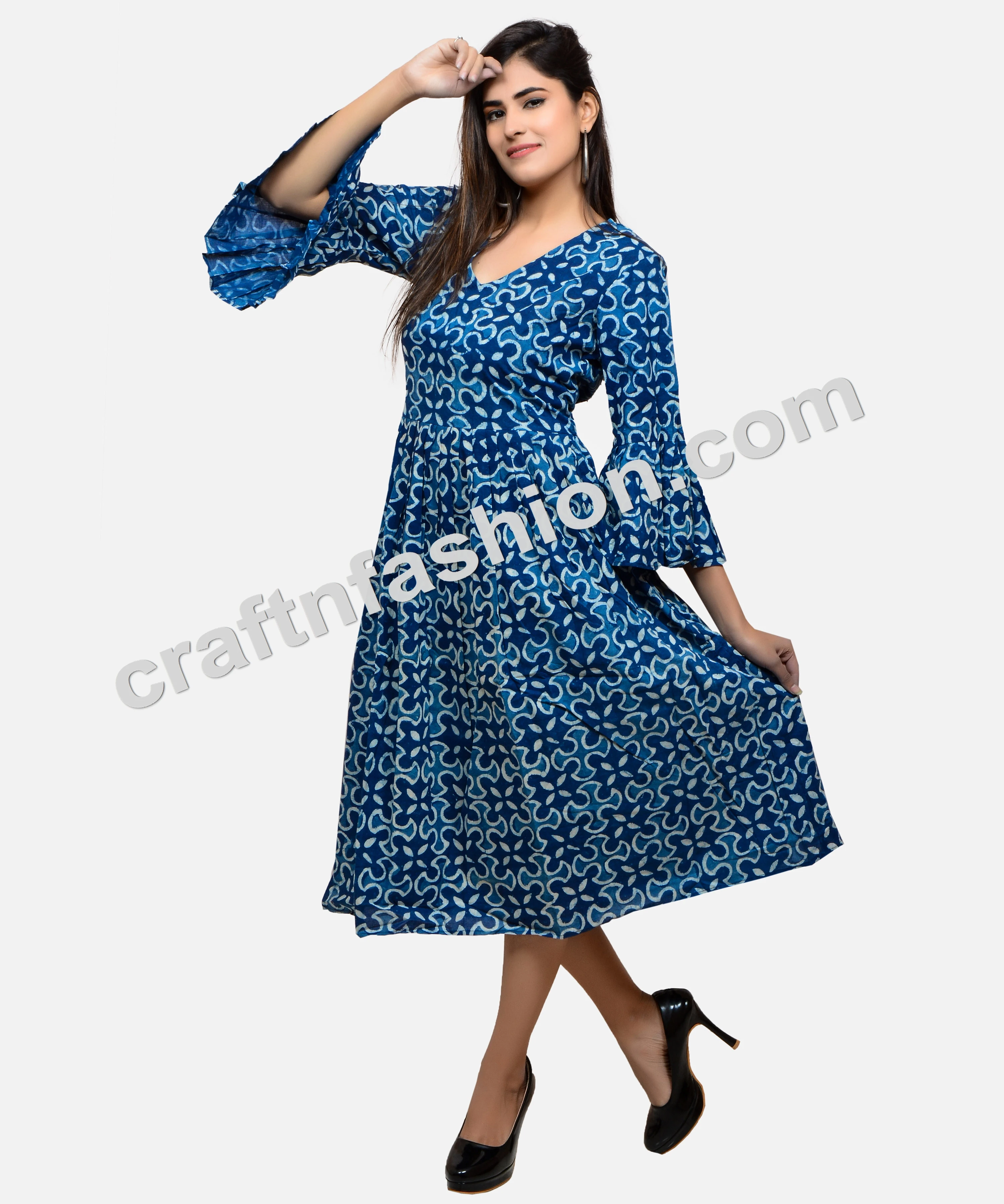 Bohemian Style Umbrella Sleeve Indigo Dress - Indian Cotton Hand Block Print Kurti  - Summer Fashion Wear Cotton Indigo Dress