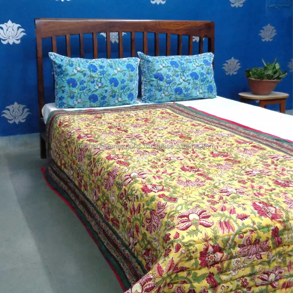 Latest Stylished Factory Outlets Anarkali Lime Jaipur Handmade Pure Cotton Twin Quilt For Sale At Cheap Price