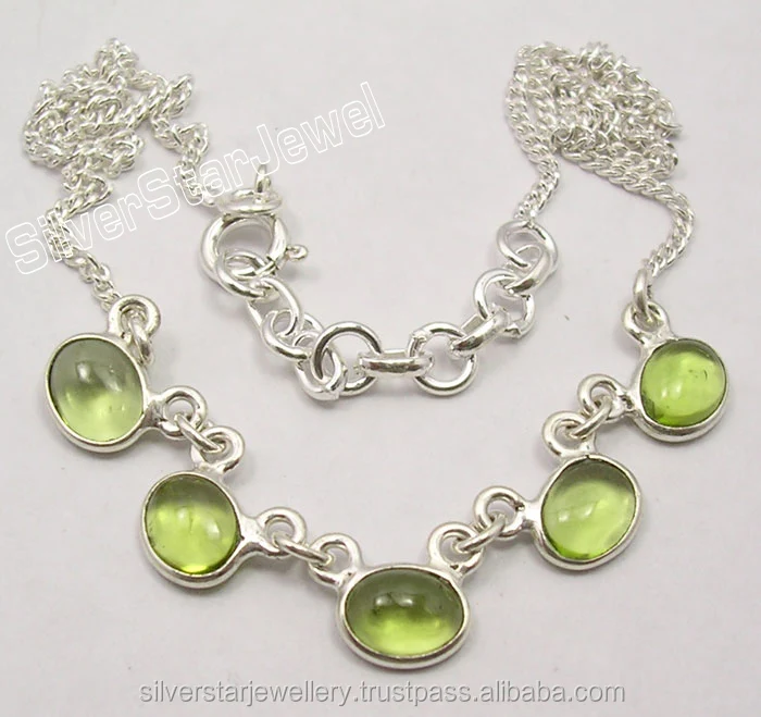 SilverStarJewel 925 Sterling Silver Cabochon Green Peridot 5 Stone Stylish Necklace 16.8 Inches Wholesale Long Chain Jewelry
