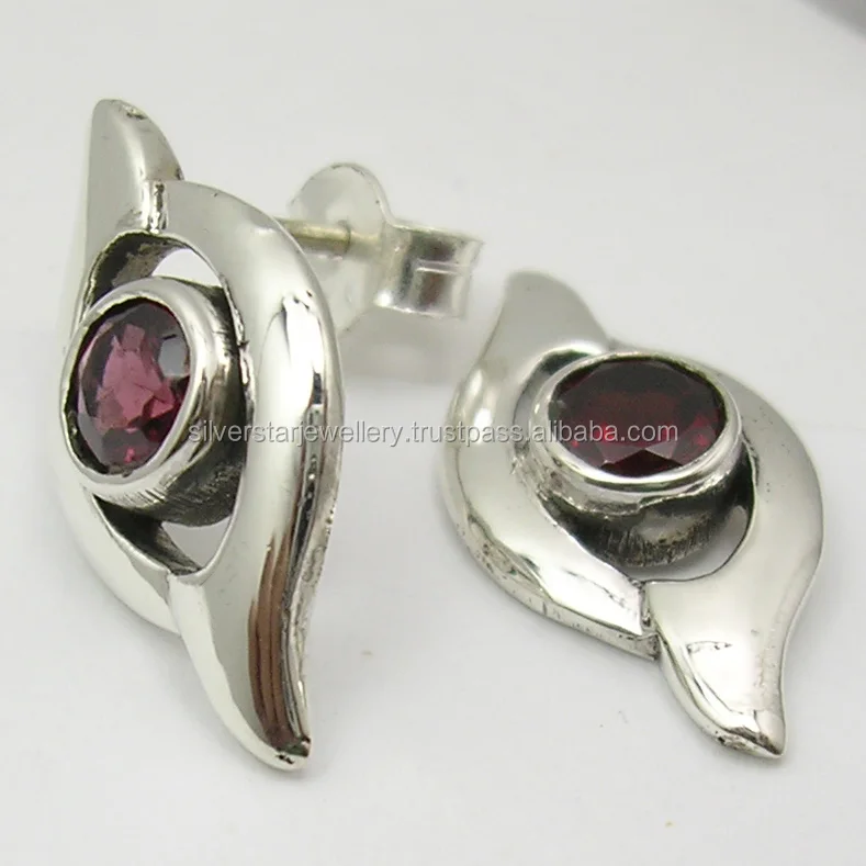 
Wholesale jewelry India 925 solid sterling silver cut round red garnet stud earrings jaipur bijoux 