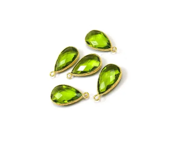 Gold Plated Peridot Quartz Gemstone Bezel Pendant Connectors 10x16mm Pear Shape Charm For Jewelry Making Components