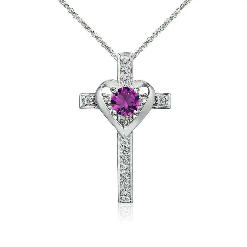 
925 Sterling Silver Crystal Swa Amethyst Cross Heart Pendant Necklace for Girls, Teens or Women 