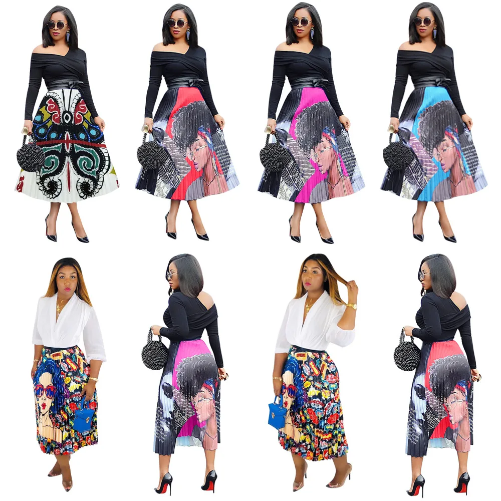 LSD8277 wholesale hot fashion High Street Cartoon Print High Waist Pleated Midi Skirt