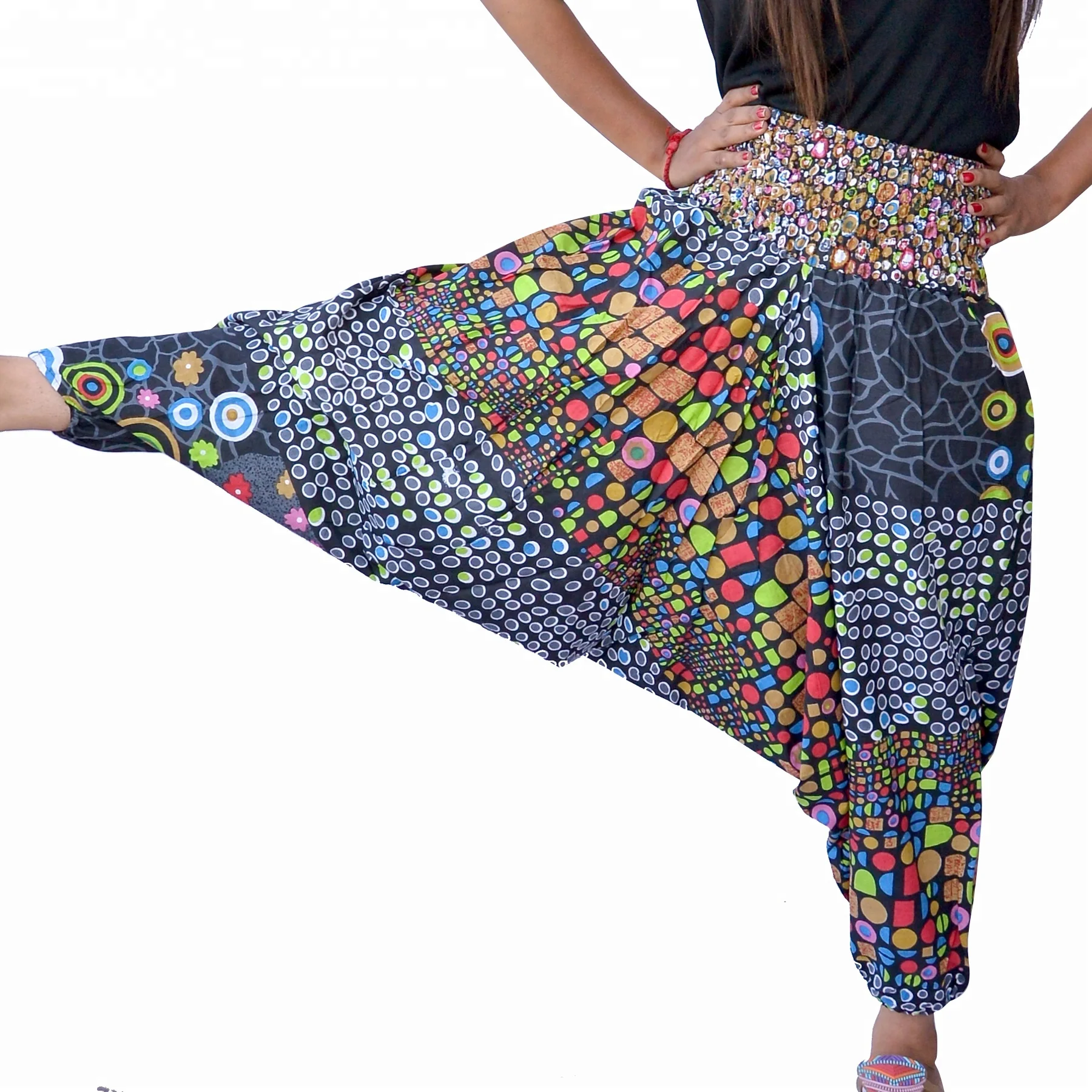 Different Type Of Circle Design Black Base Multi Color Cotton Yoga Trouser Elastic Waist Beautiful Harem Pants Wholesale