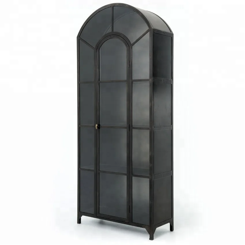 
Industrial & vintage iron metal rusty black antique 2 glass door arch design tall display storage cabinet 
