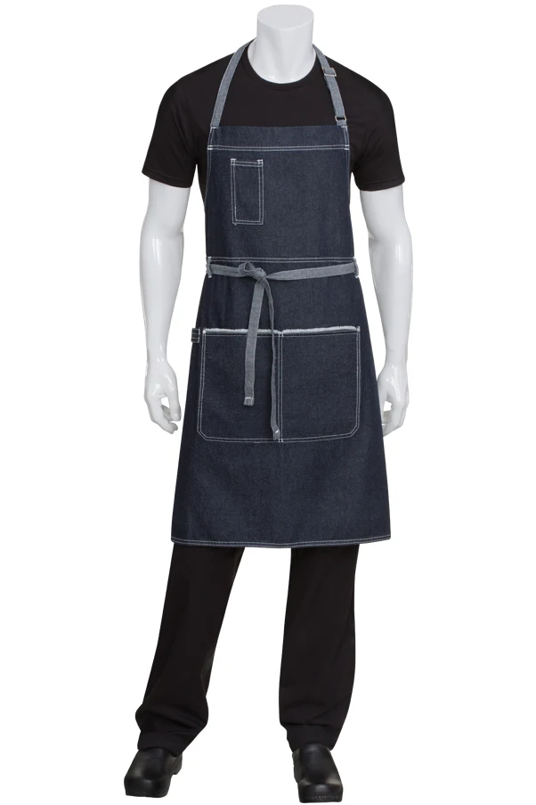 Cheap bulk wholesale cotton denim kitchen apron PU leather adjustable cross back bib aprons