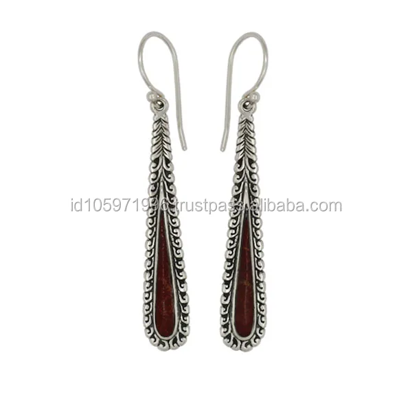 
Bird Feather Silver Earring with Red Coral 