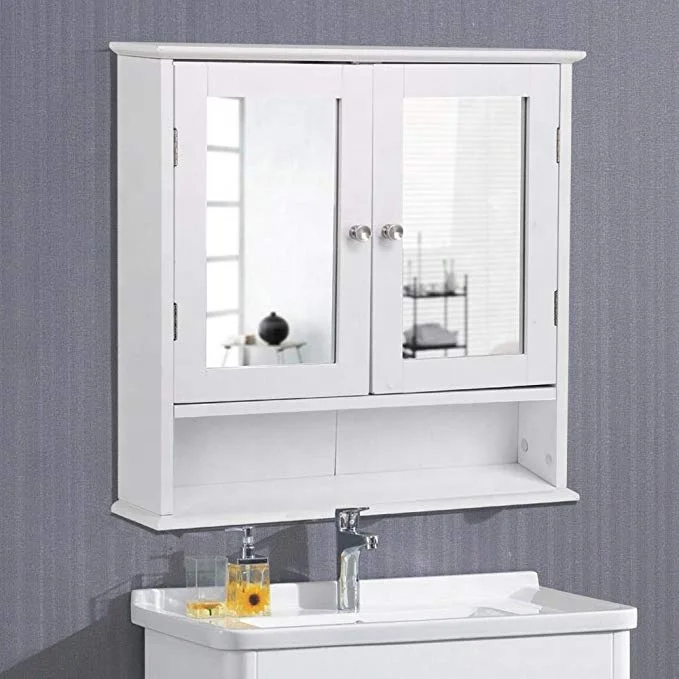 Cabinets Wooden Bathroom Wall Cabinet with Double Mirror Doors Adjustable Shelf White