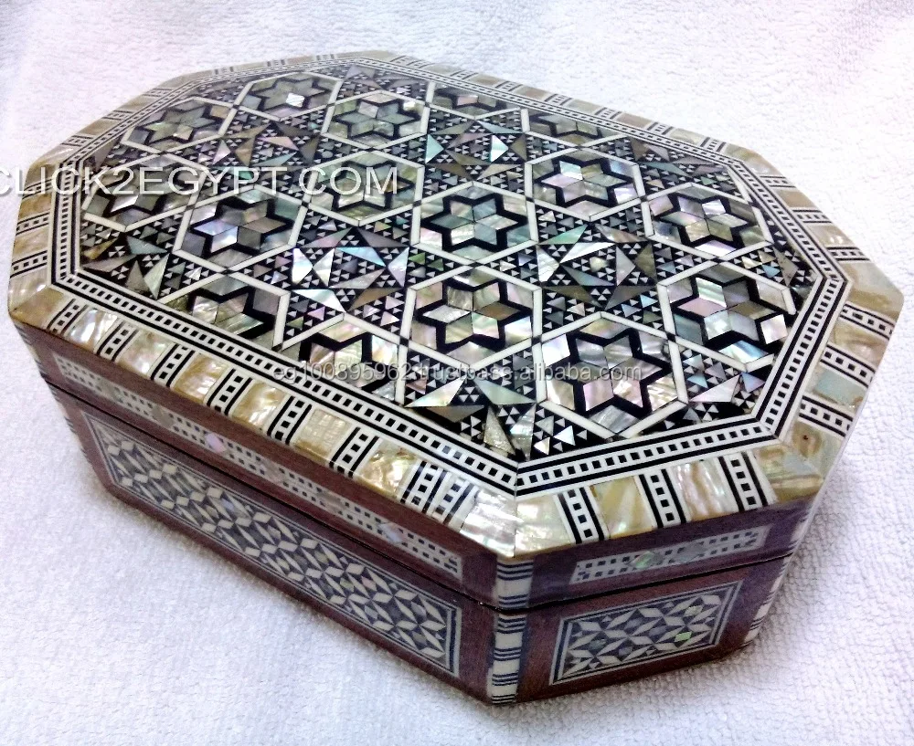 J23 Egyptian Mosaic Trinket Mother of Pearl Wood Jewelry Box