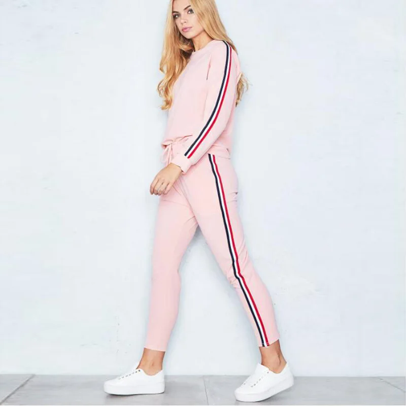 Women Fleece Tracksuit Custom Logo Long Sleeve Striped Fleece Sport Women Tracksuit