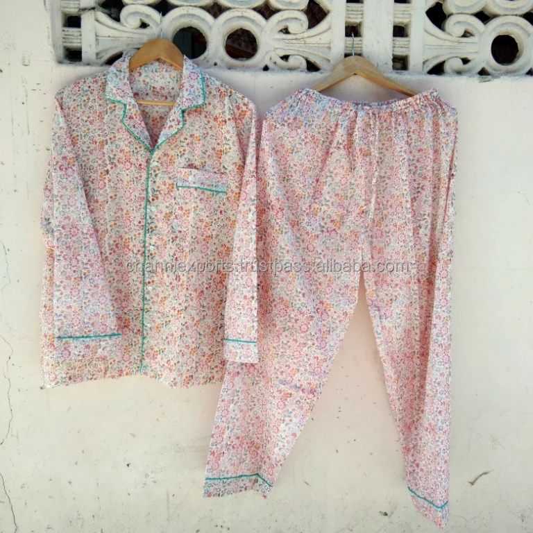 Designer Hand Block Printed Cotton Long Night Sleep Wear Pajama Set For Women Clothing, Colorful Floral Print Pajama For Home