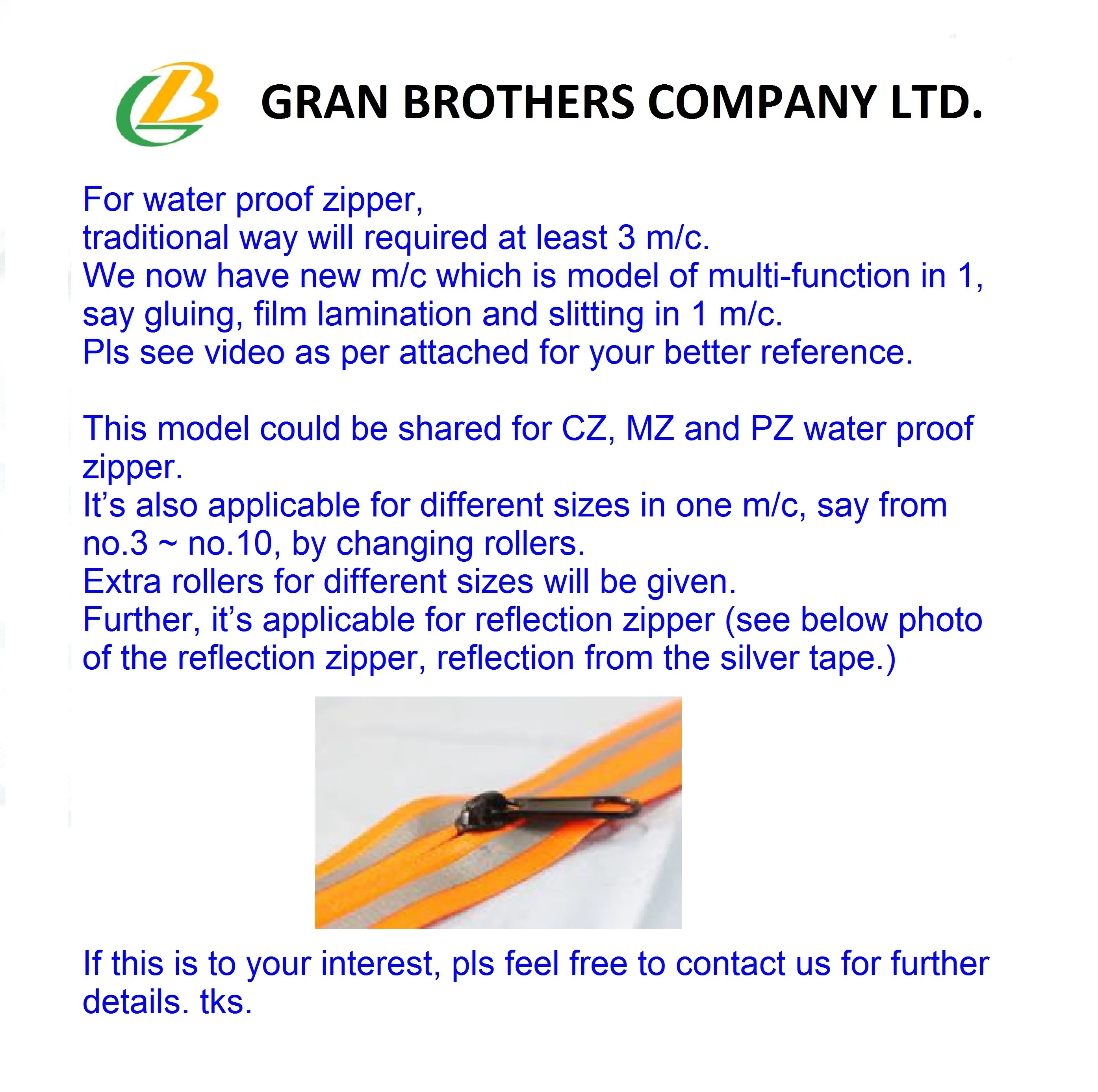
water proof zipper making line 