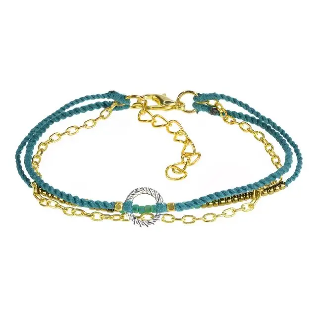 
Bracelet with Gold Color Chain, Japanese Glass Seed-beads, Silver Color Ring and Brass Color Beads on Two Lines of Hand-twisted 