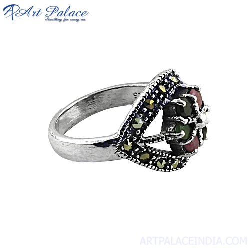 Emerald & Ruby & Gun Metal & Sapphire Latest Floral Design Ring Imperial Gemstone 925 Silver Ring Emerald Gemstone Ring