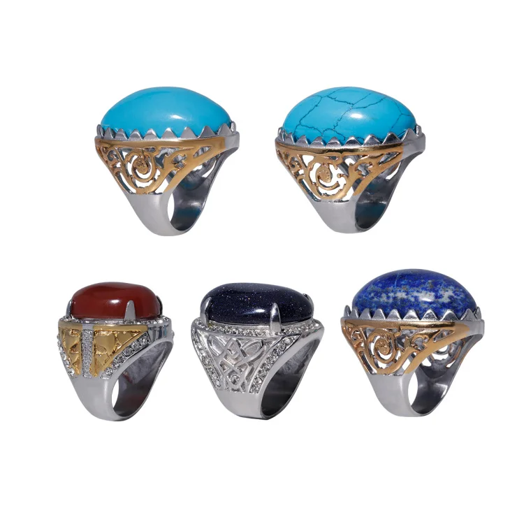 Women Fashion Stainless Steel Jewelry Retro Natural Stone Rose Quartz Agate Turquoise Lapis Lazuli Ring For Men